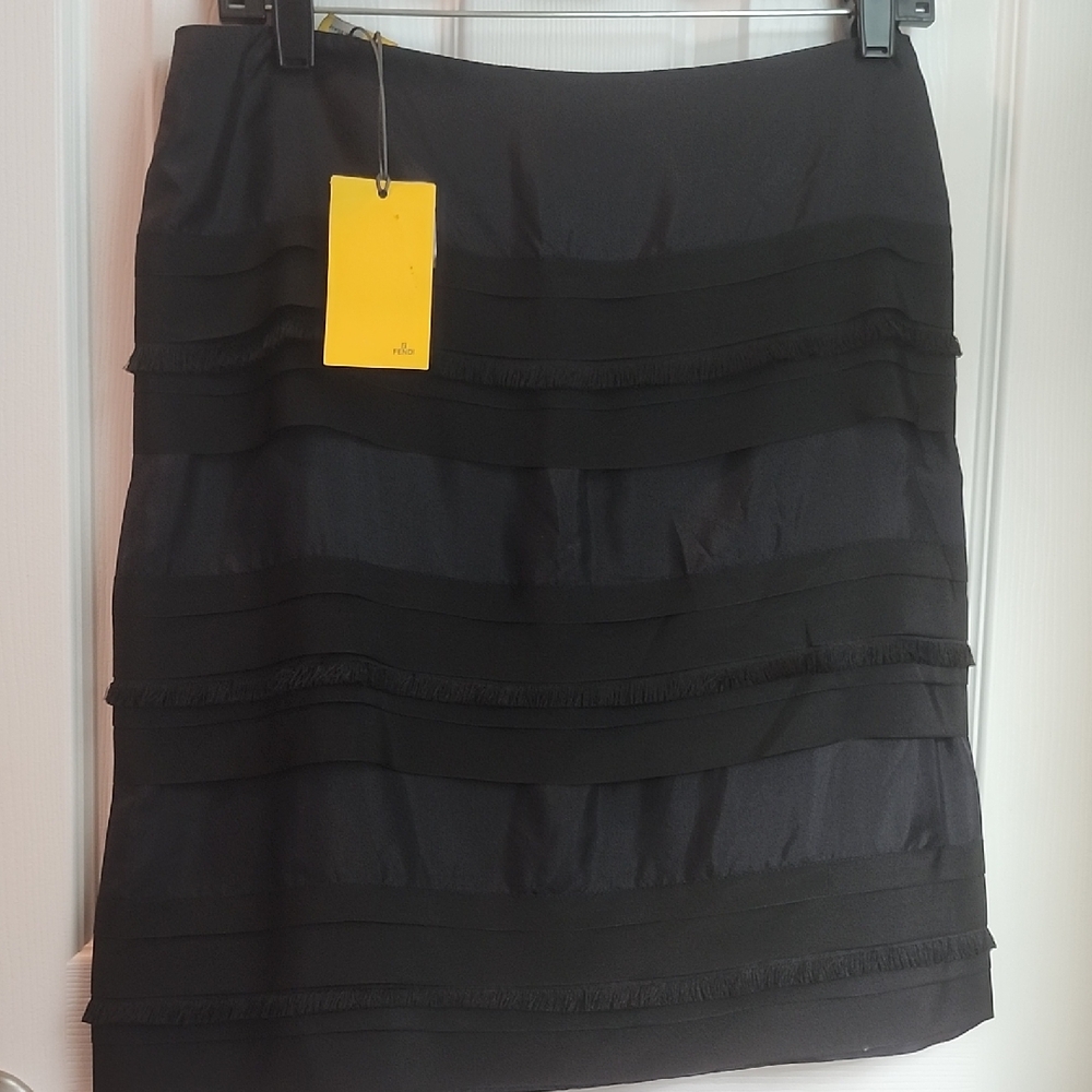 Fendi NWT Black Silk Ruffled Fringe Knee-Length Pencil Skirt
